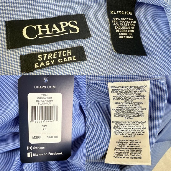 Chaps Mens XL Blue Multi Stretch Easy Care Long Sleeve Button Down Shirt New - Picture 4 of 7